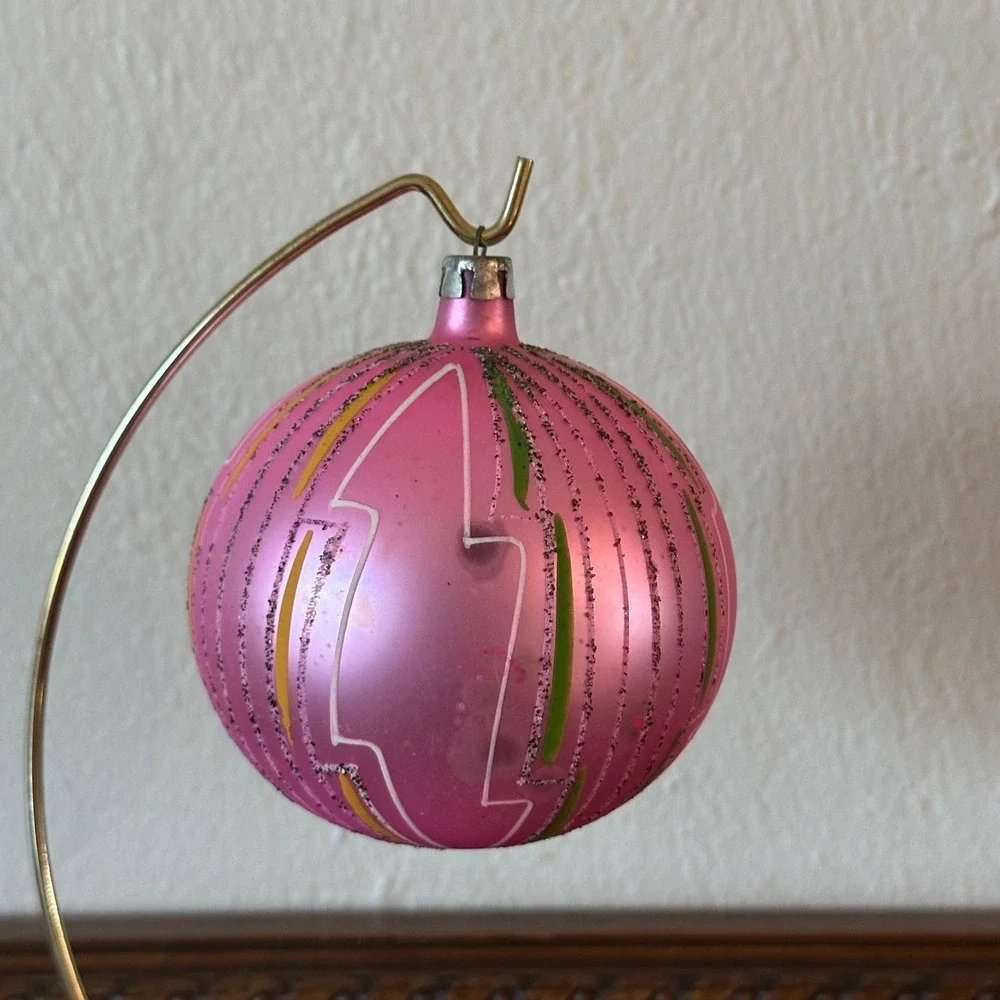 Vtg Poland Jumbo 4'' Polish Mica Ornament Pink Glass Christmas Ball MCM